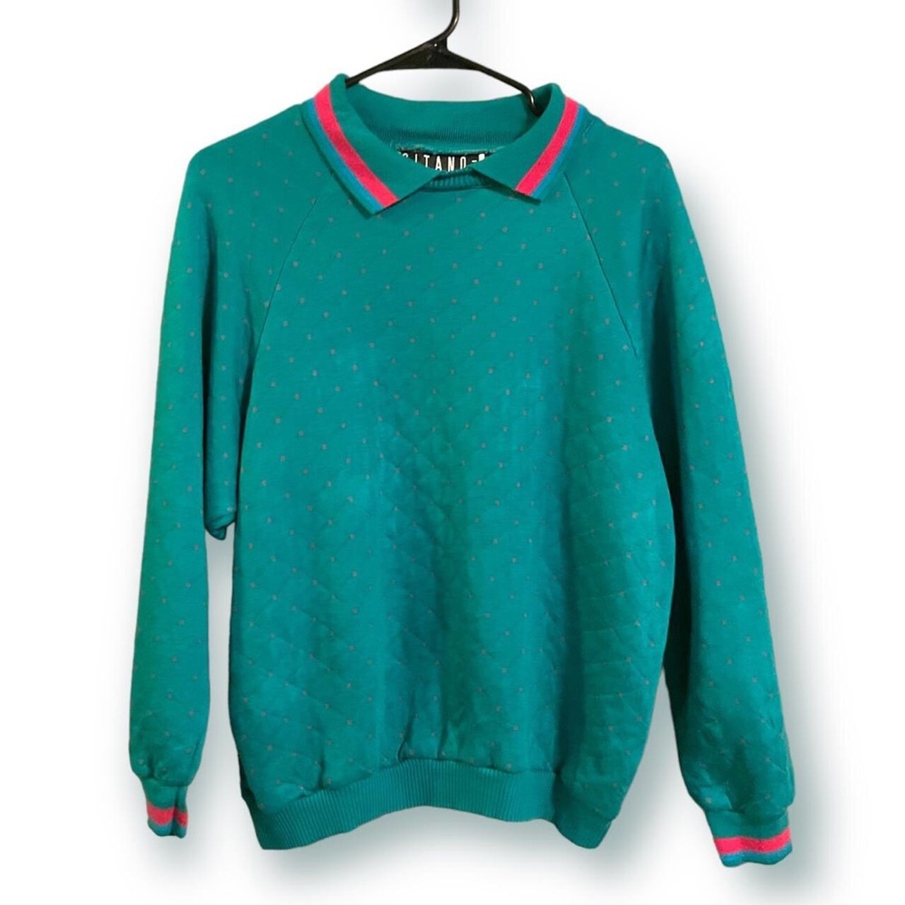 80s/90s Turquoise Quilted Polka Dot Collared Pullover Top
